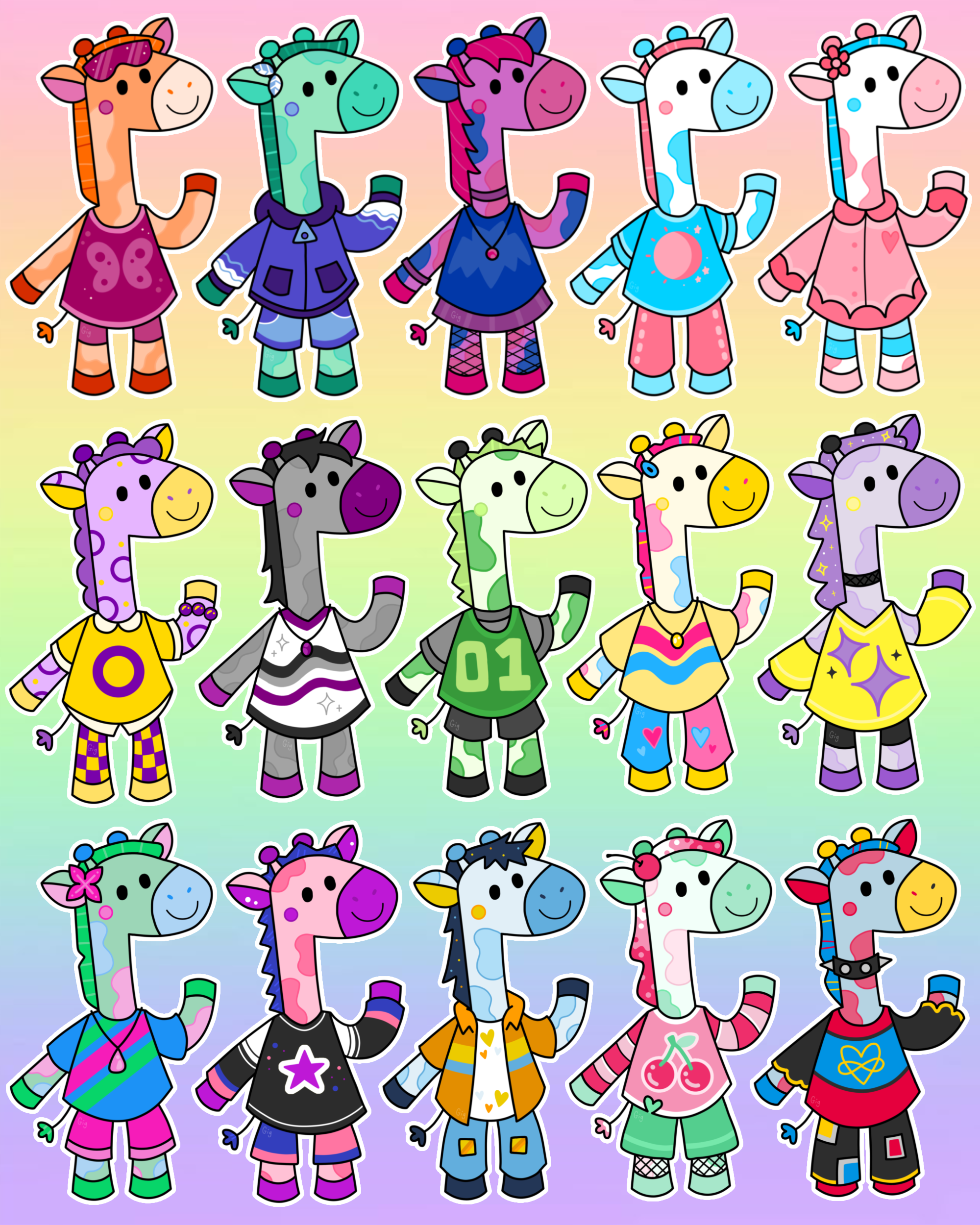 Digital illustration of various rainbow giraffes